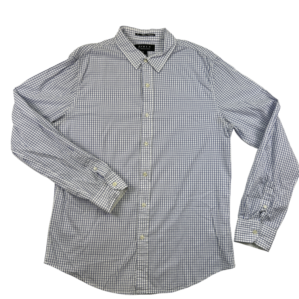 21 MEN Shirt Mens Large Button-Up Check Classic Long Sleeve Blue